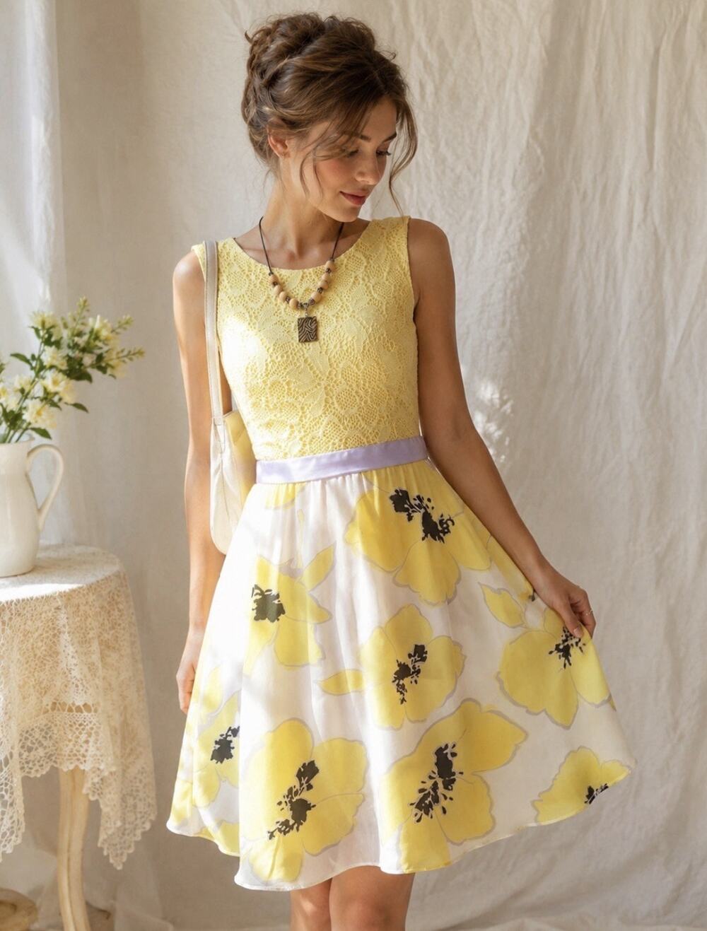 Studio One Yellow Floral Lace Fit Flare Dress Size 8 Spring Garden Party